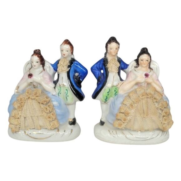 Whimsical Vintage Japan 2 Porcelain Figurine Pair Victorian Lace Romantic‎ Style - Picture 1 of 10